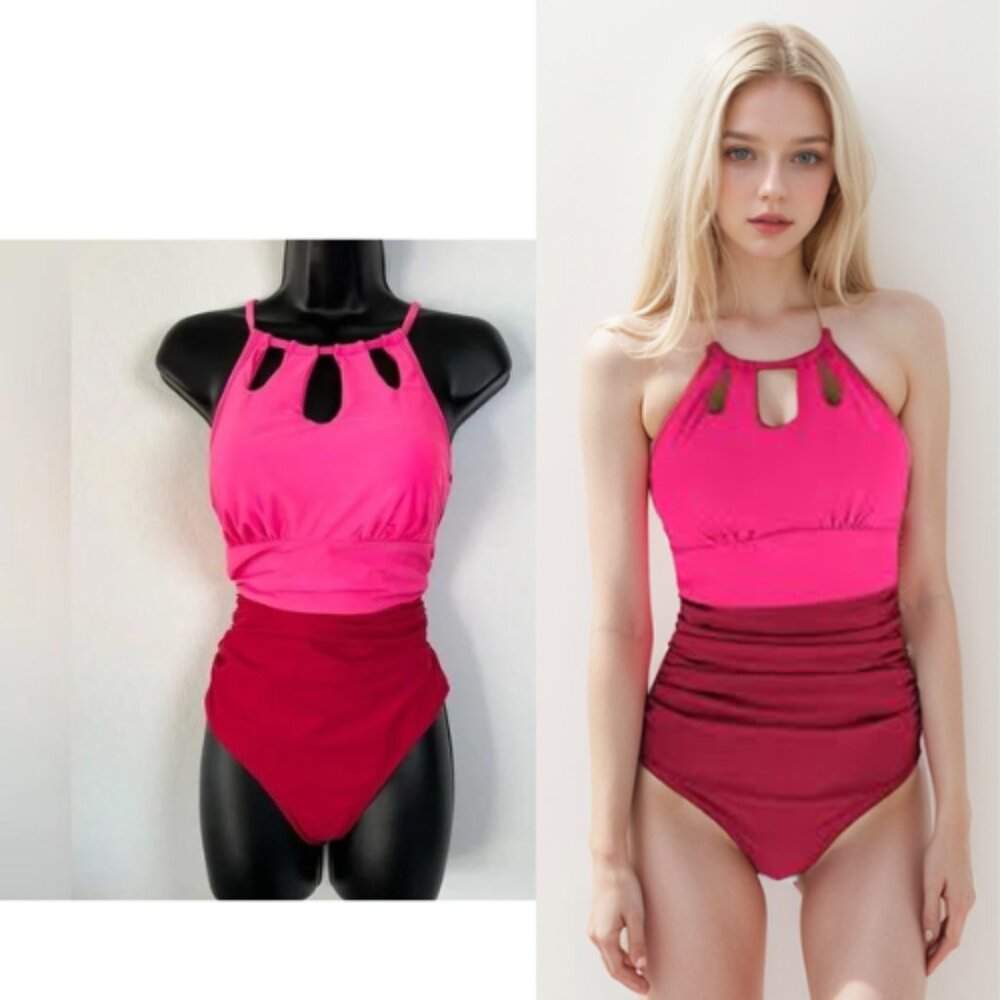 New One Piece High Neck Tummy Control Red & Pink Bathing Suit - Picture 1 of 8